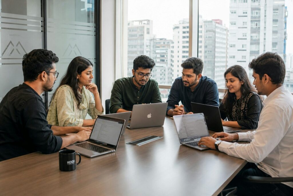 Six colleagues collaborating around a conference table with laptops