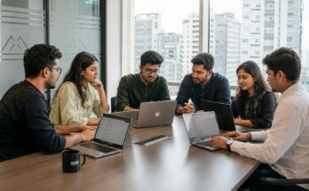 Six colleagues collaborating around a conference table with laptops