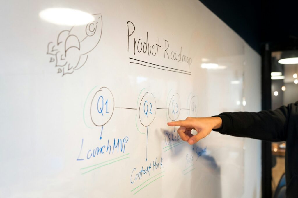 Planning a product strategy on a whiteboard