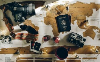 Travel cameras and passport arranged on a map