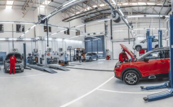 Vehicles in an automotive repair workshop