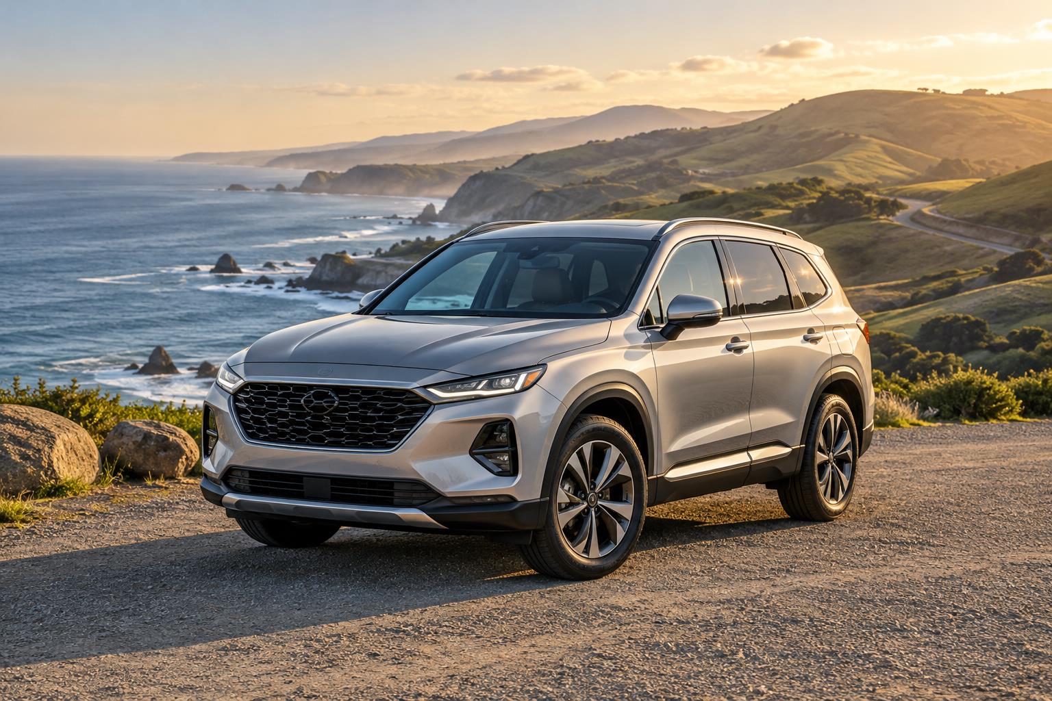 Silver crossover at a coastal overlook — AI-generated editorial image