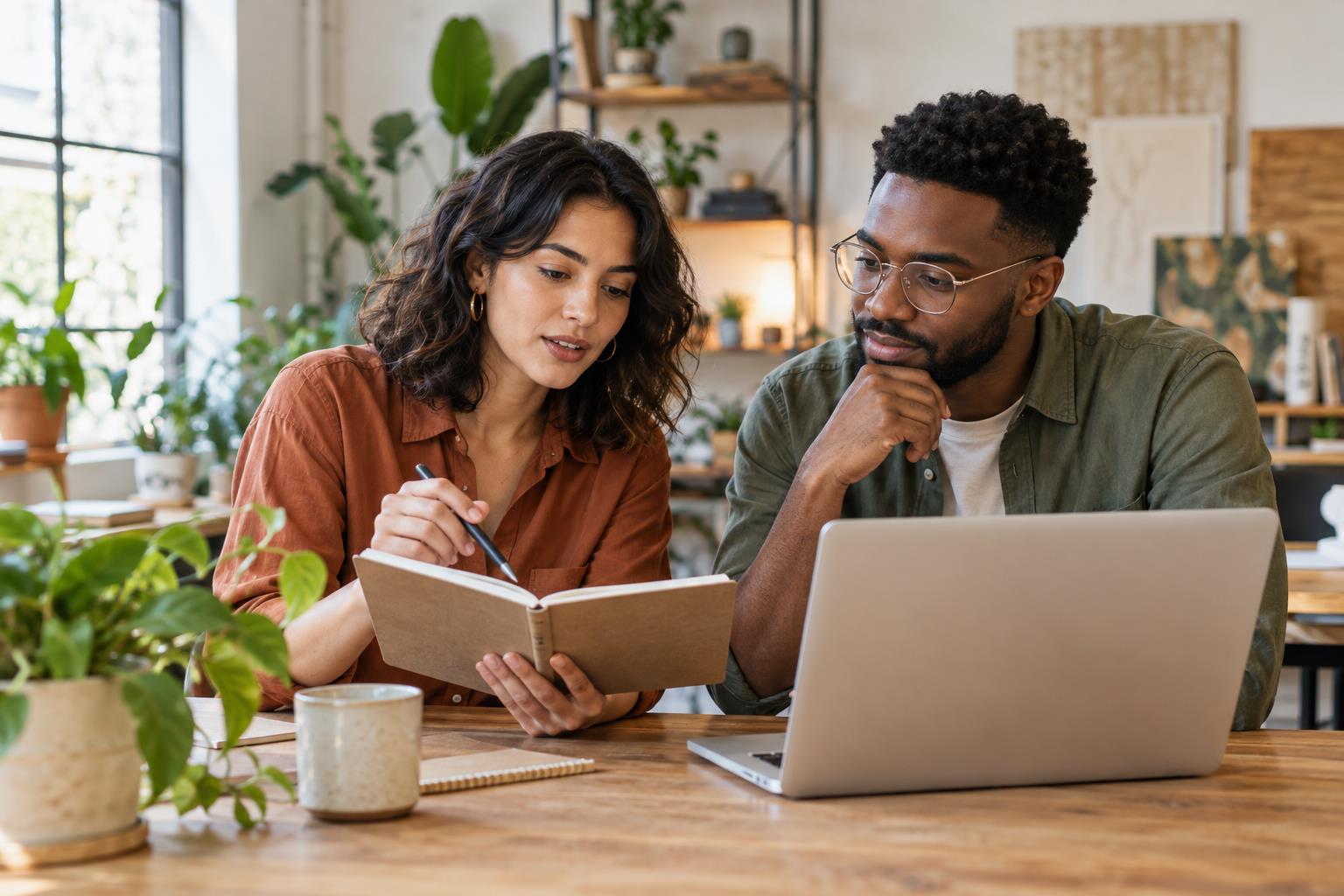 Entrepreneurs reviewing a business plan — AI-generated editorial image