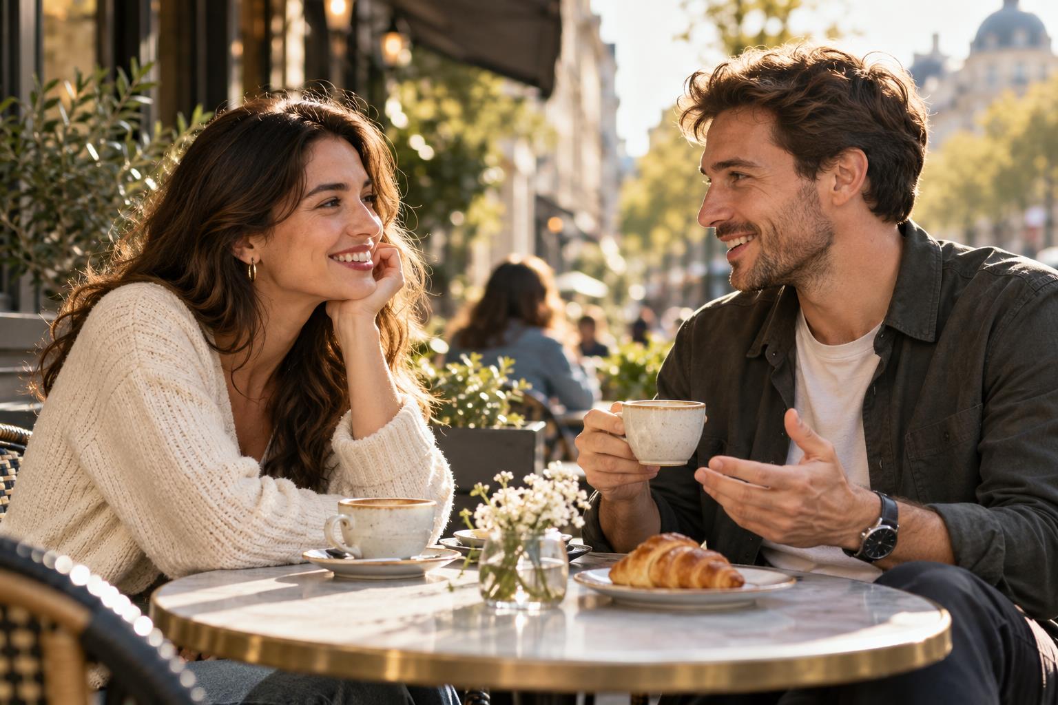 Adults talking at an outdoor cafe — AI-generated editorial image
