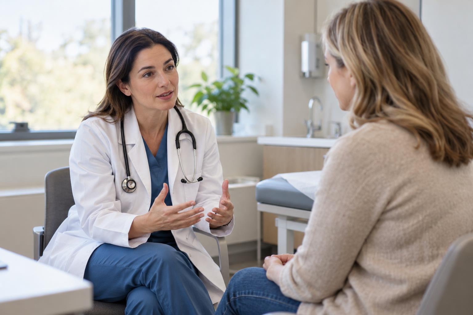 Healthcare professional consulting with an adult patient — AI-generated editorial image