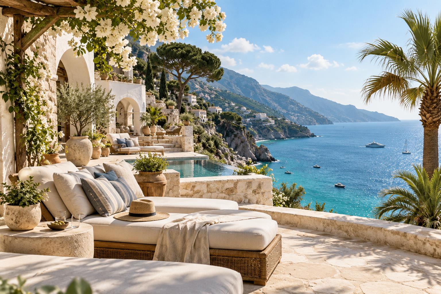 Coastal hotel terrace overlooking the sea — AI-generated editorial image